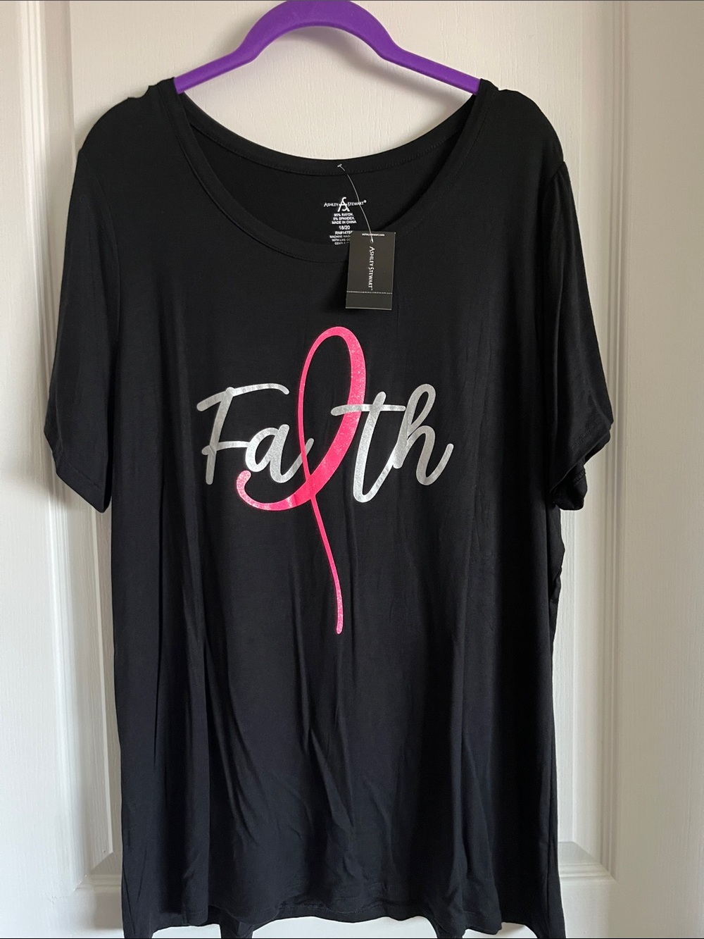 Ashley Stewart Black Short Sleeve Tee with Pink and Silver 'Faith' Graphic🪻
